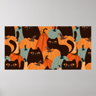 Poster Motif impeccable avec chats noirs et citrouilles