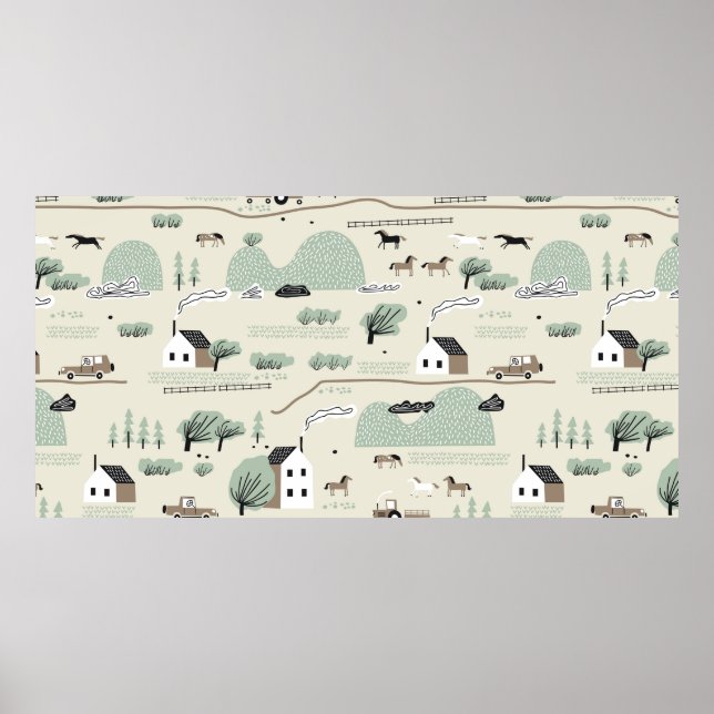 Poster Motif incolore avec maison, arbres, cheval (Devant)