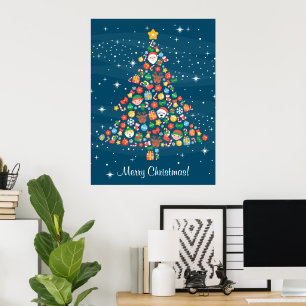 Poster Motif joyeux d'arbre de Noël en bleu