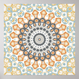 Poster Motif Mandala Géométrique Orange Chaud et Gris
