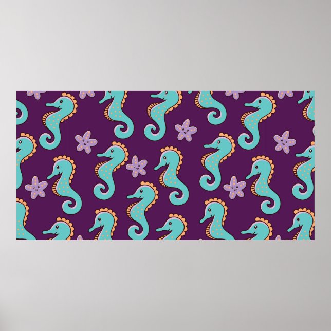 Poster motif marin enfantin sans soudure avec hippocampes (Devant)