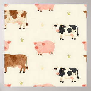 Poster Motif mignon aquarelle d'animaux de la ferme