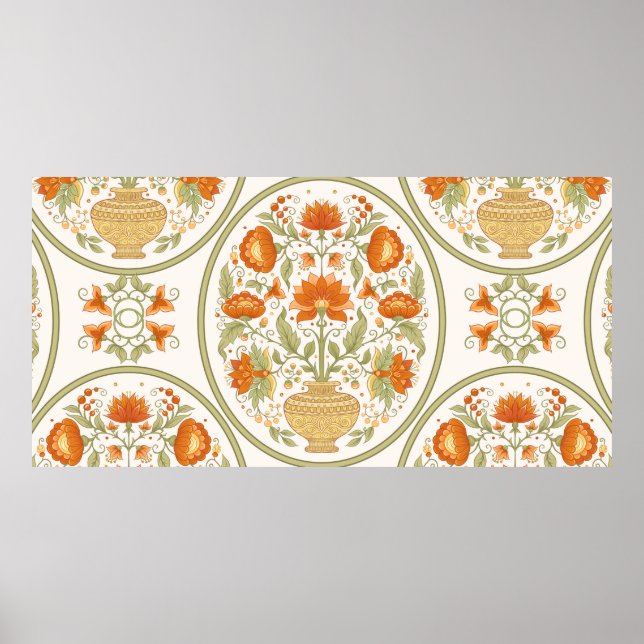 Poster Motif mughal traditionnel, fleurs d'imaginaire rét (Devant)