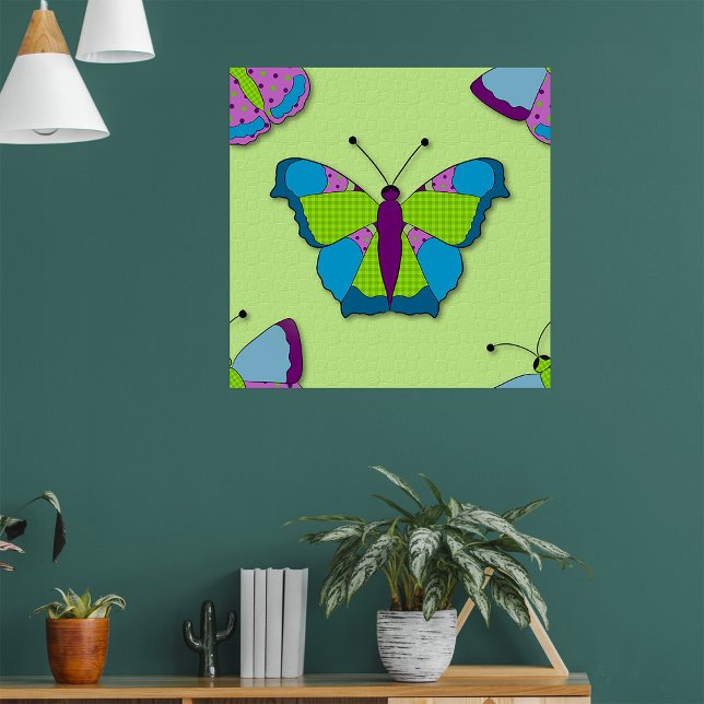 Poster Motif Papillon Patchwork sur Fond Vert (Créateur téléchargé)
