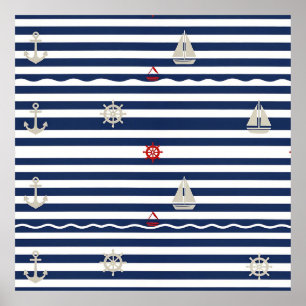 Poster Motif rayure voilier ancre nautique