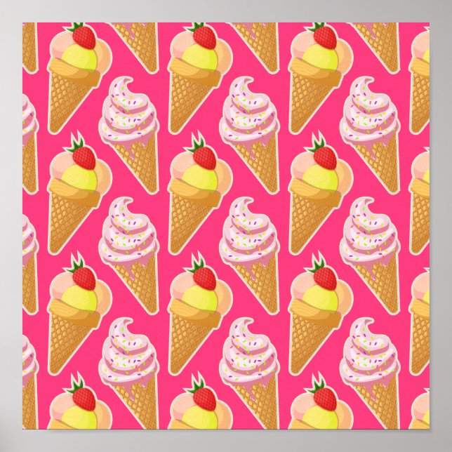 Poster Motif rose Kawaii avec crème glacée aux fraises (Devant)