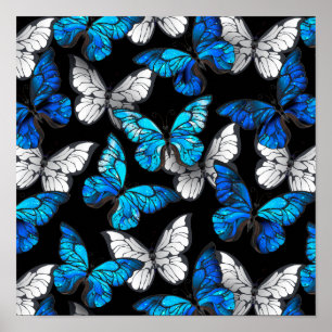 Poster Motif sans couleur foncée avec papillons bleus Mor