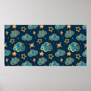 Poster Motif sans couture à l'aquarelle avec la lune, les