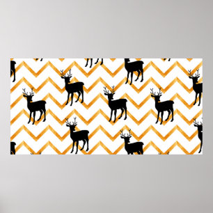 Poster Motif sans couture avec cerf noir et texture or