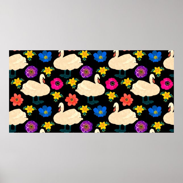 Poster Motif sans couture avec cygnes et fleurs, dessiner (Devant)