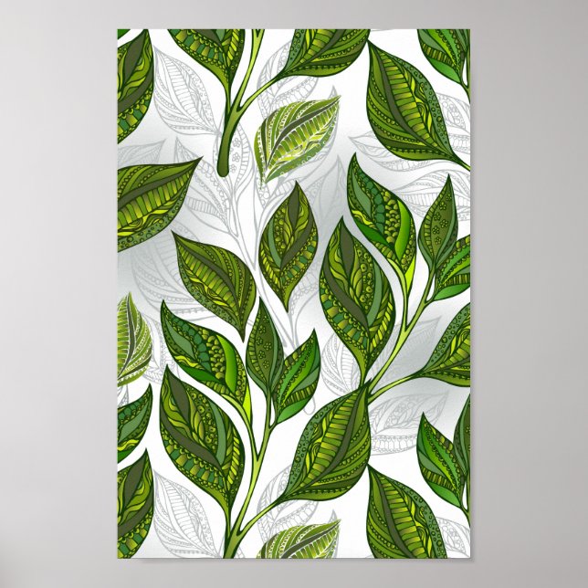 Poster Motif sans couture avec Feuilles de thé vert (Devant)