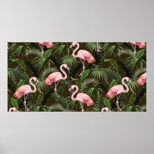 Poster Motif sans couture avec flamants et feuilles tropi
