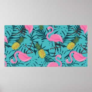 Poster Motif sans couture avec flamants roses et vert pal
