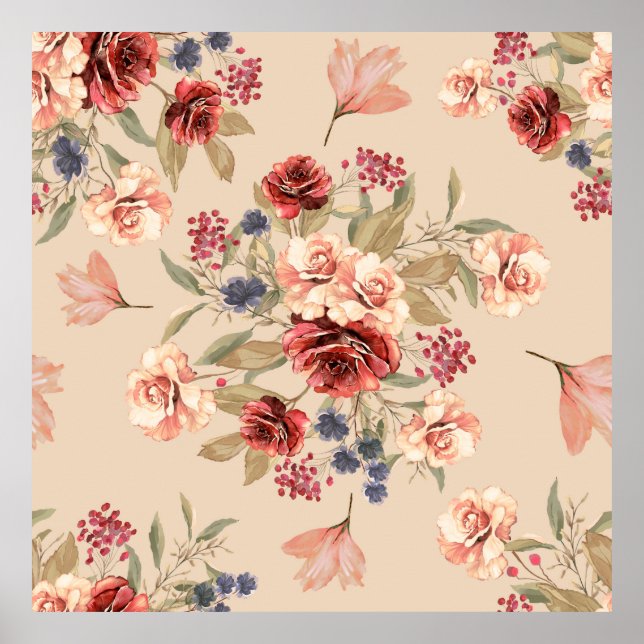 Poster Motif sans couture avec fleurs et feuilles. Floral (Devant)