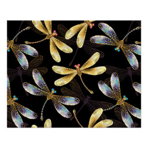 Poster Motif sans couture avec libellules dorées