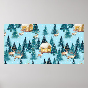 Poster Motif sans couture avec village d'hiver dans la fo