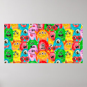 Poster Motif sans couture de l'aquarelle peint drôle mons