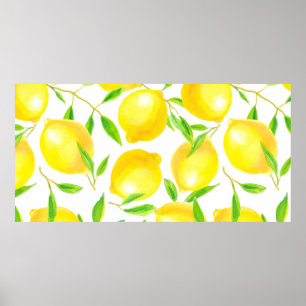 Poster Motif sans couture en citrons d'aquarelle et lea