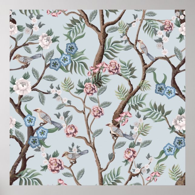 Poster Motif sans couture en style chinoiserie avec pivoi (Devant)