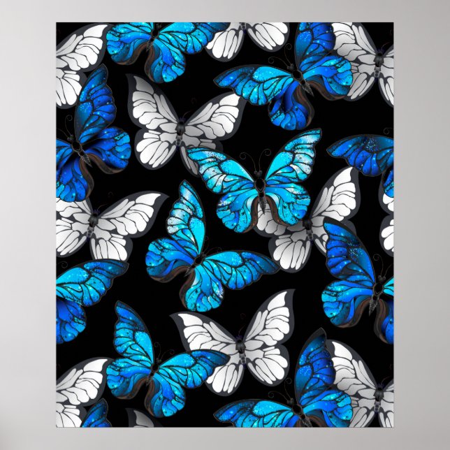 Poster Motif sans couture sombre avec papillons bleus Mor (Devant)