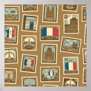 Poster motif sans soudure avec timbres-poste sur le thème