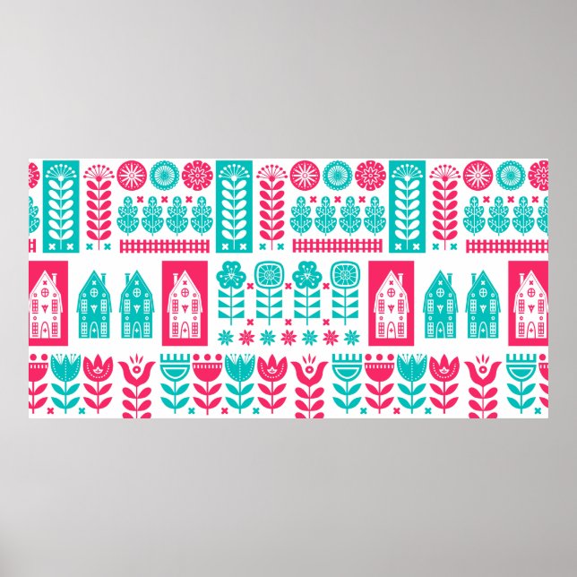 Poster motif scandinave d'art populaire sans couture vint (Devant)