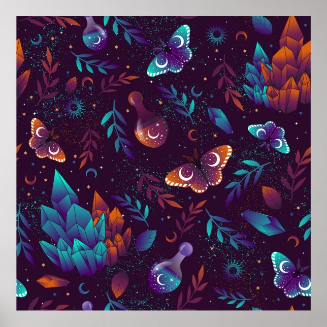 Poster Motif transparent avec papillon spatial, cristaux, (Devant)