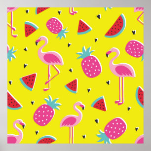 Poster motif tropical à ananas rose, flamants roses, w
