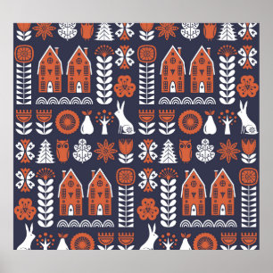 Poster Motif Vintage d'art populaire scandinave