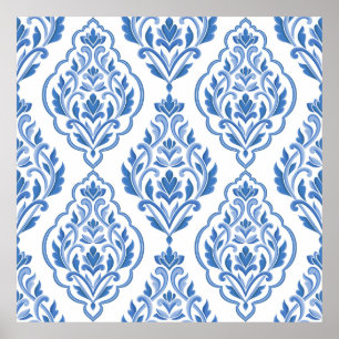 Poster Motif vintage sans couture bleu et blanc damassé. 