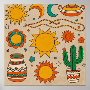 Poster Motifs de Bohême joueurs soleils dessinés à la mai