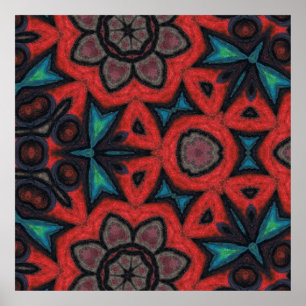 Poster Motifs floraux mandala en kaléidoscope rouge et bl