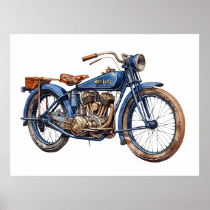 Poster Moto bleu Vintage Aquarelle