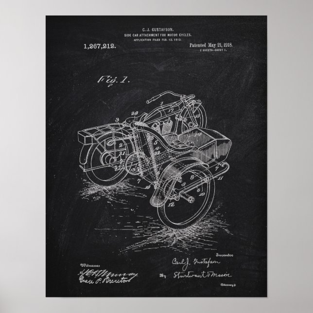 Poster Moto Side-Car 1885 Brevet Chalkboard (Devant)