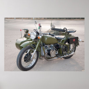 Poster Moto verte 750B-2 avec sidecar