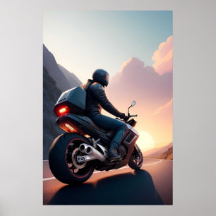 Poster Motocycliste roulant sur une route panoramique