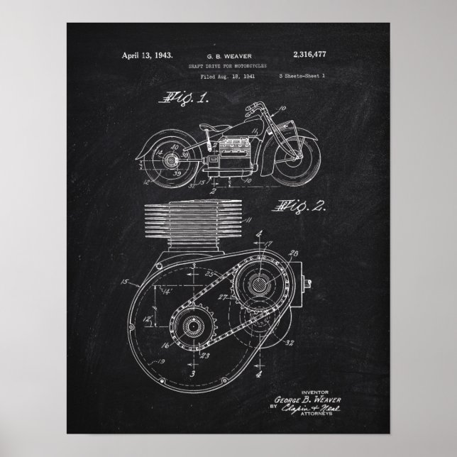 Poster Motorcycle Shaft Drive 1943 Patent Chalkboard (Devant)