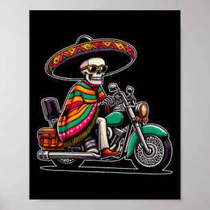 Poster Motorcycle Skeleton Biker Mexicain Sombrero Cinco 