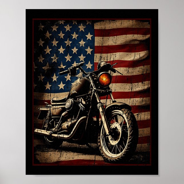 Poster Motorcycle Usa Flag Retro Biker  (Devant)