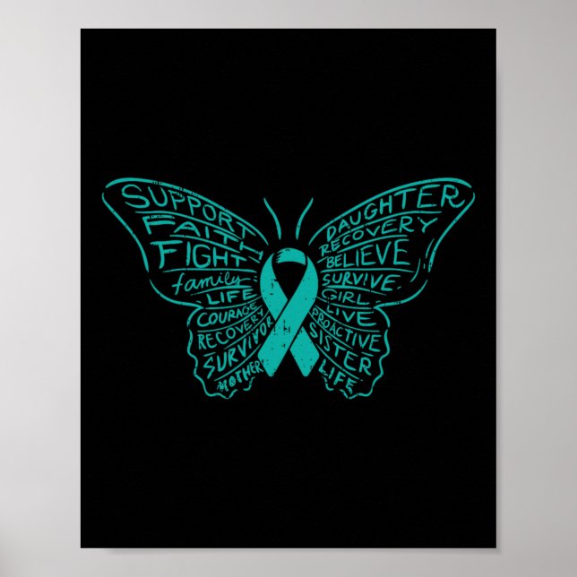 Poster Mots Papillon Turquoise Ribbon Support Cancer de l (Devant)