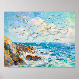 Poster Mouettes au-dessus des vagues Impressionniste scèn