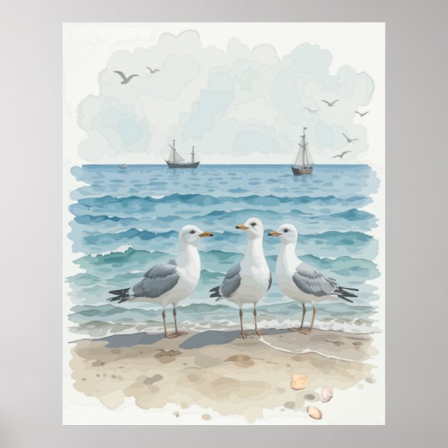 Poster Mouettes d'aquarelle à la plage Océan côtier (Devant)