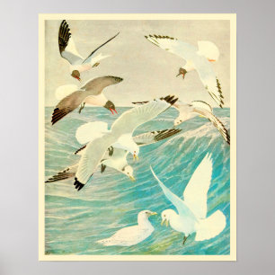 Poster Mouettes vintages et vagues océaniques