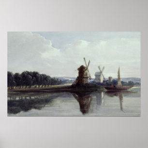 Poster Moulins à vent par une rivière, 19ème siècle
