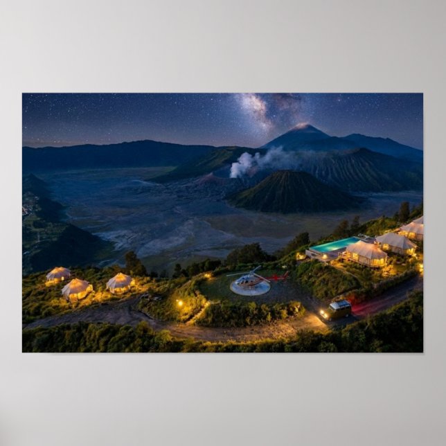 Poster Mount Bromo Aerial Night Volcano Luxury Wall Art (Devant)