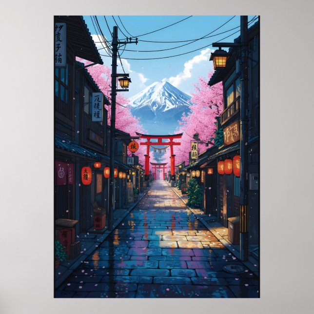Poster Mount Fuji Cherry Blossom Street Japanese Torii (Devant)