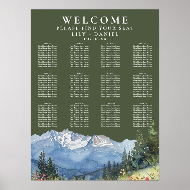 Poster Mountain Floral Olive Green Wedding Seating Chart (Devant)