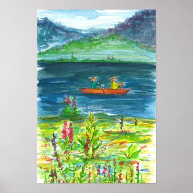Poster Mountain Lake Kayak Aquarelle peinture (Devant)