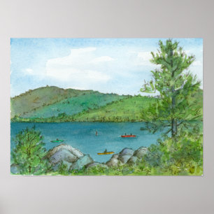 Poster Mountain Lake Kayaking Aquarelle Paysage Art