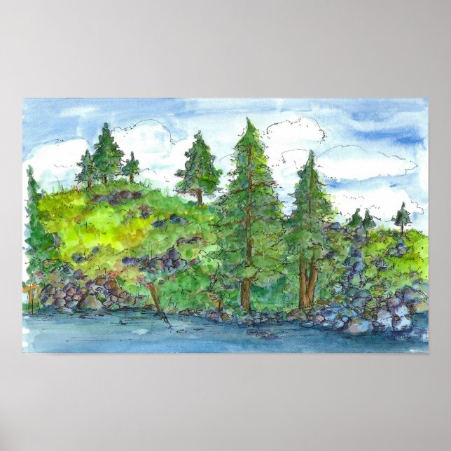 Poster Mountain Lake Trees peinture aquarelle (Devant)